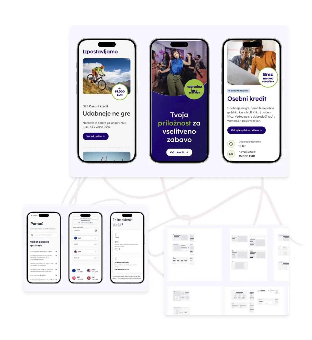 UX/UI design for a multi-market banking platform — three iPhone screens showing featured offers, promotional content, and personal loan product page, alongside mobile help center, currency exchange, and wireframe documentation screens