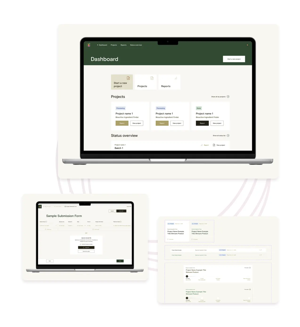 UX/UI design for an AI-powered biotechnology web application — MacBook mockup showing research project dashboard with status overview, alongside sample submission form and project list views