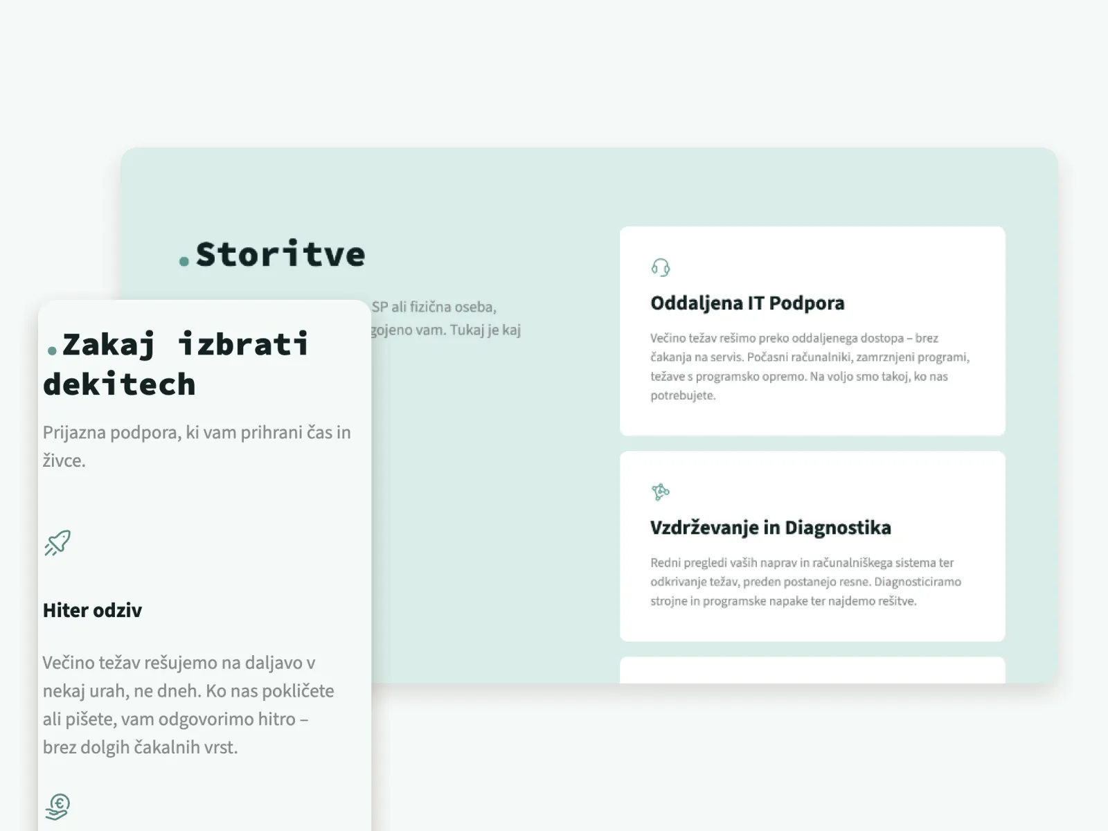 Section highlighting reasons to choose Dekitech with benefits like quick response, remote IT support, and regular maintenance and diagnostics.
