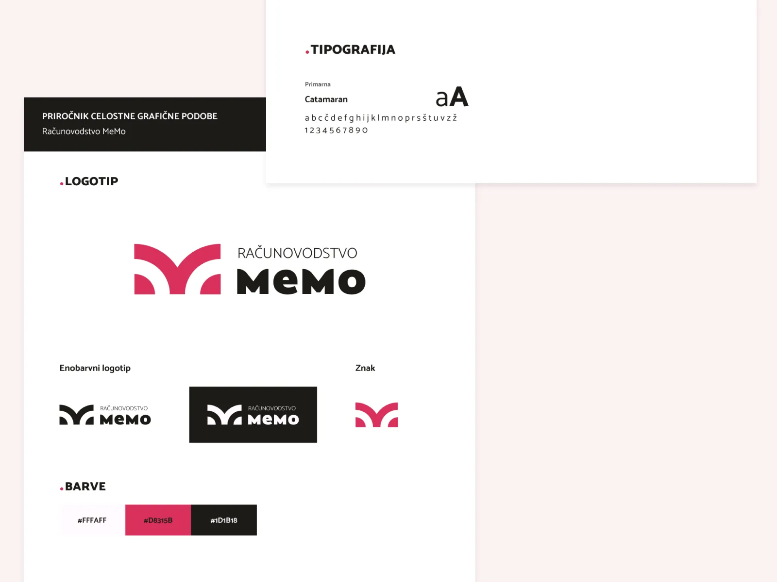 Visual identity guide for Računovodstvo MeMo showing the logo in pink and black, primary font Catamaran with example letters and numbers, and brand colors #FFFAFF, #D8315B, #1D1B18.