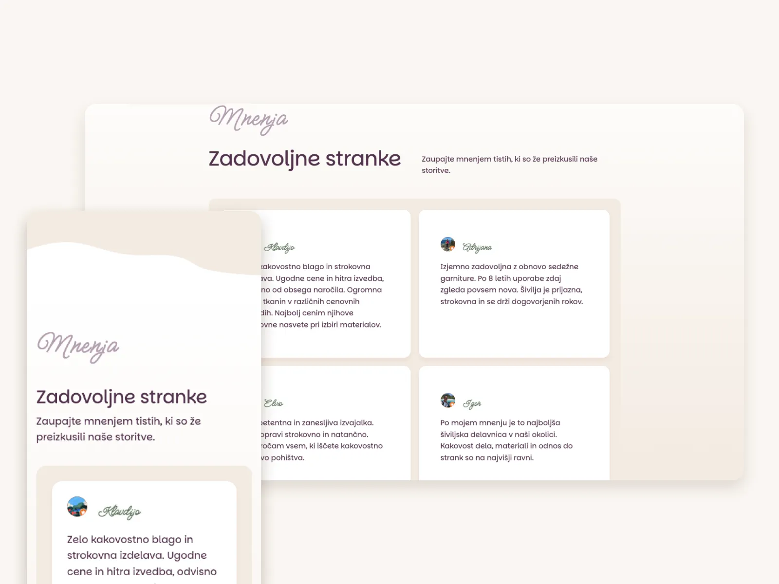 Webpage section titled 'Zadovoljne stranke' showing customer testimonials in Slovenian with profile pictures and comments about quality service and products.