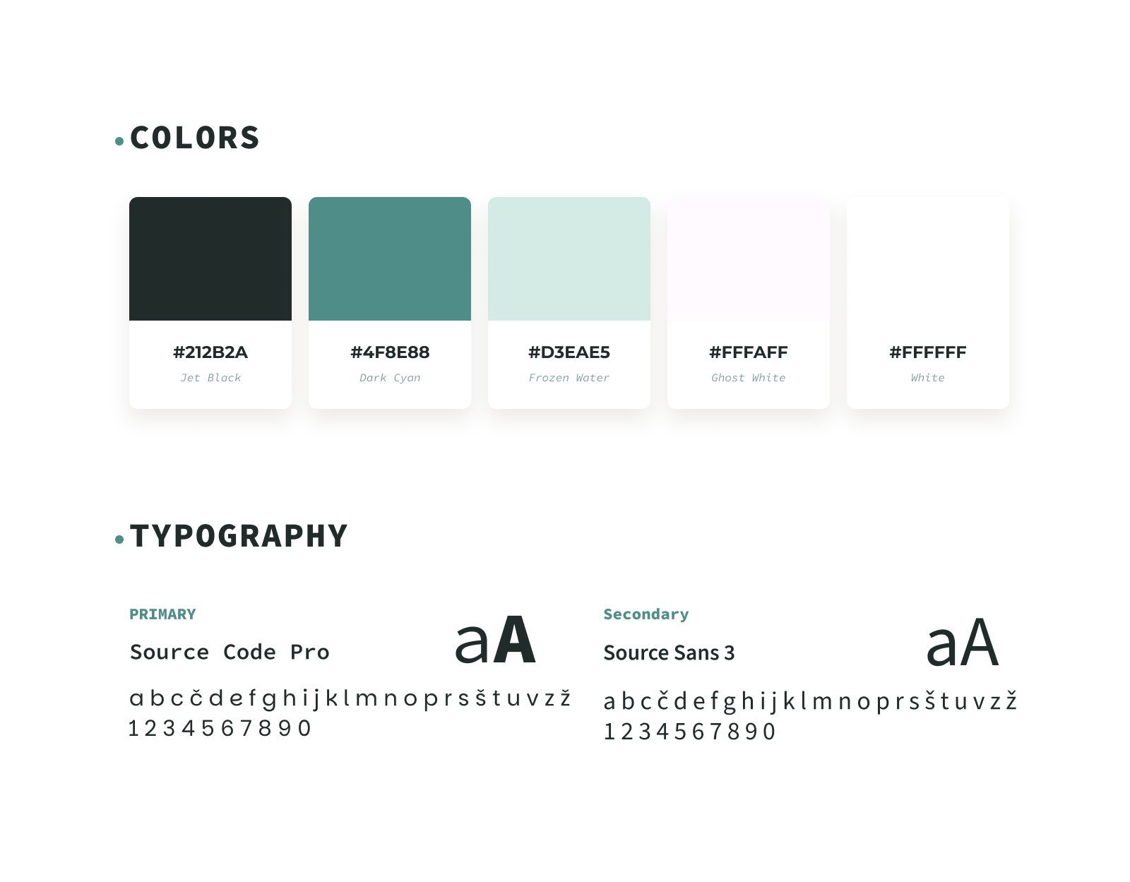 Design palette showing five color swatches with codes and names, and typography samples for primary font Source Code Pro and secondary font Meow Script with alphabet and numbers.