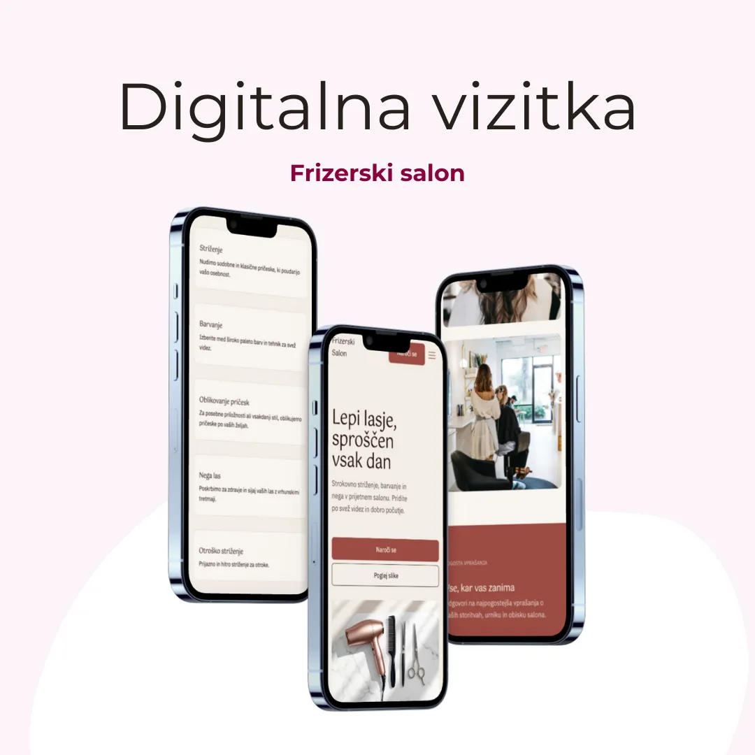 Three smartphones display a digital business card for a hair salon with services, booking options, and a salon interior photo.