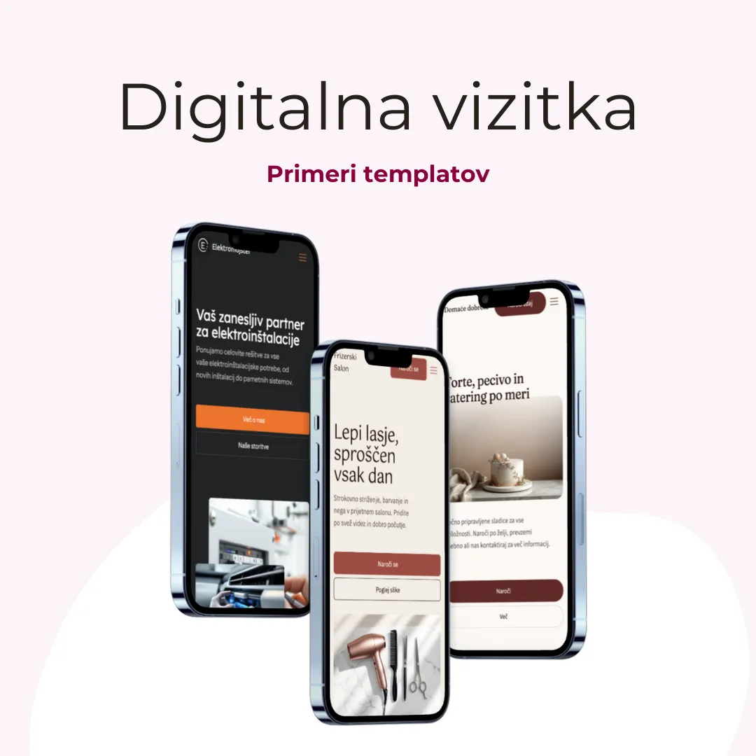 Three smartphones displaying different digital business card templates for electrical services, hair salon, and bakery catering.