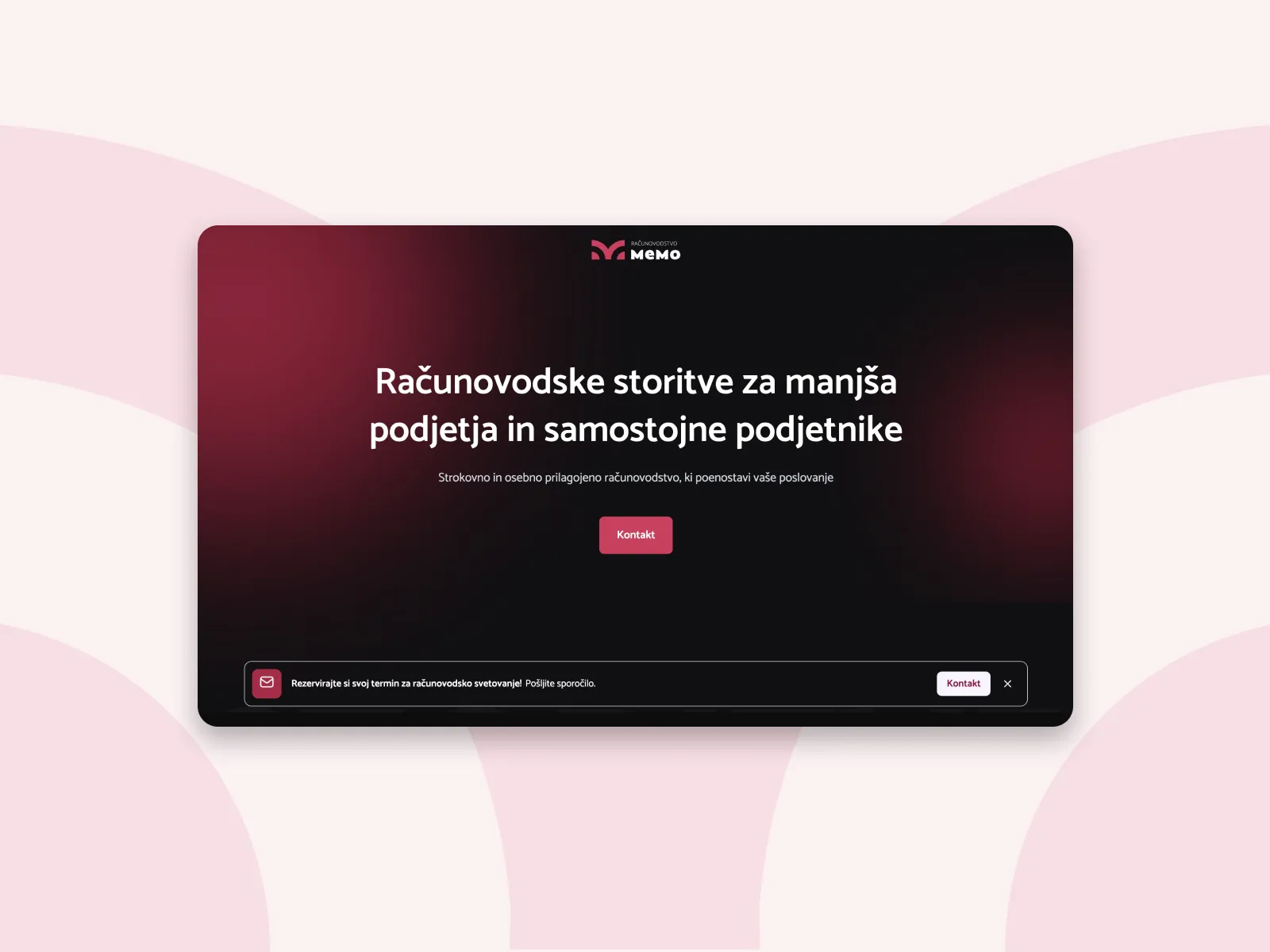 Website hero section with text about accounting services for small businesses and entrepreneurs in Slovenian and a contact button.