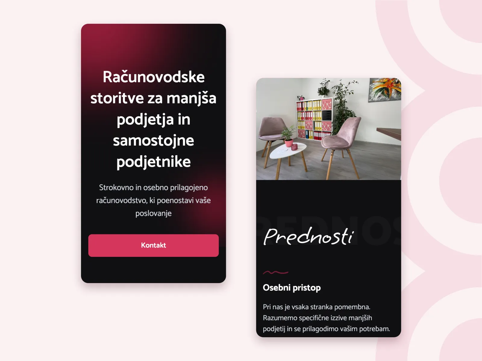 Two vertical cards side by side; left card has text about accounting services for small businesses and a pink contact button, right card shows a cozy office corner with chairs and shelves and describes a personalized approach.