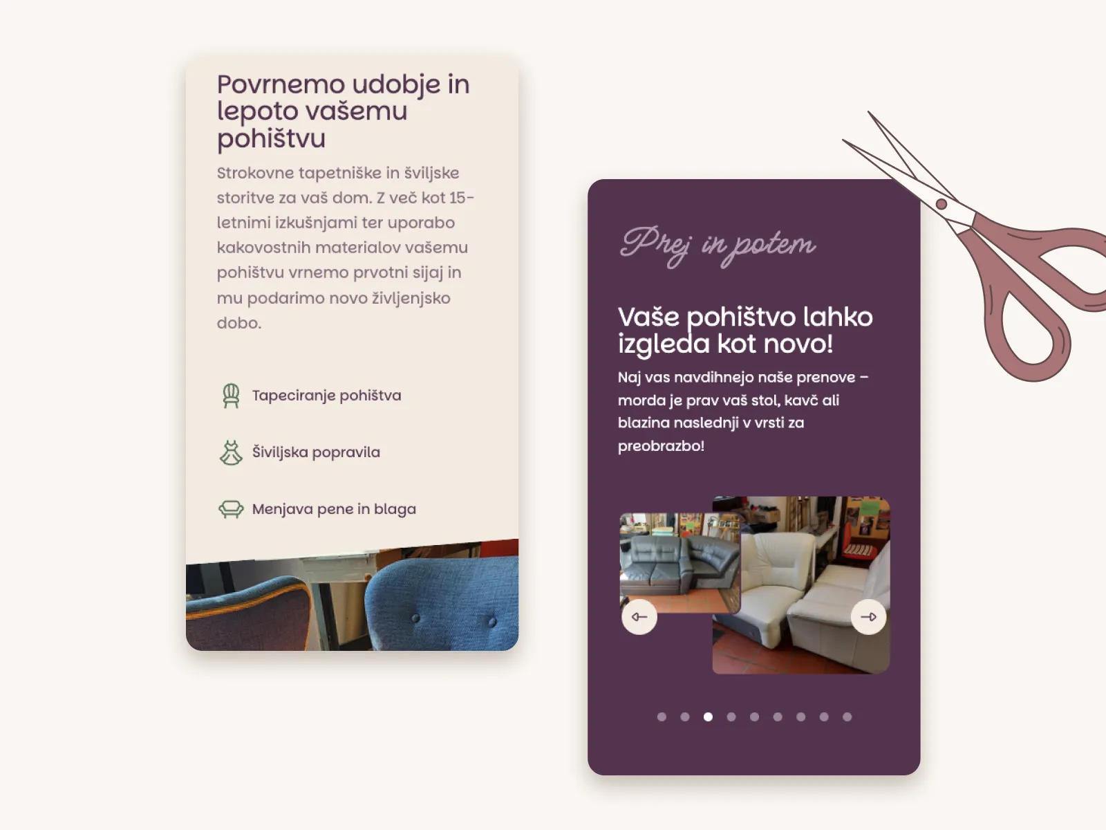 Two vertical panels for upholstery services in Slovenian: left panel describes restoring furniture comfort and beauty with icons for upholstery, sewing repairs, and foam replacement; right panel highlights furniture transformation with before-and-after sofa photos and a scissors illustration.