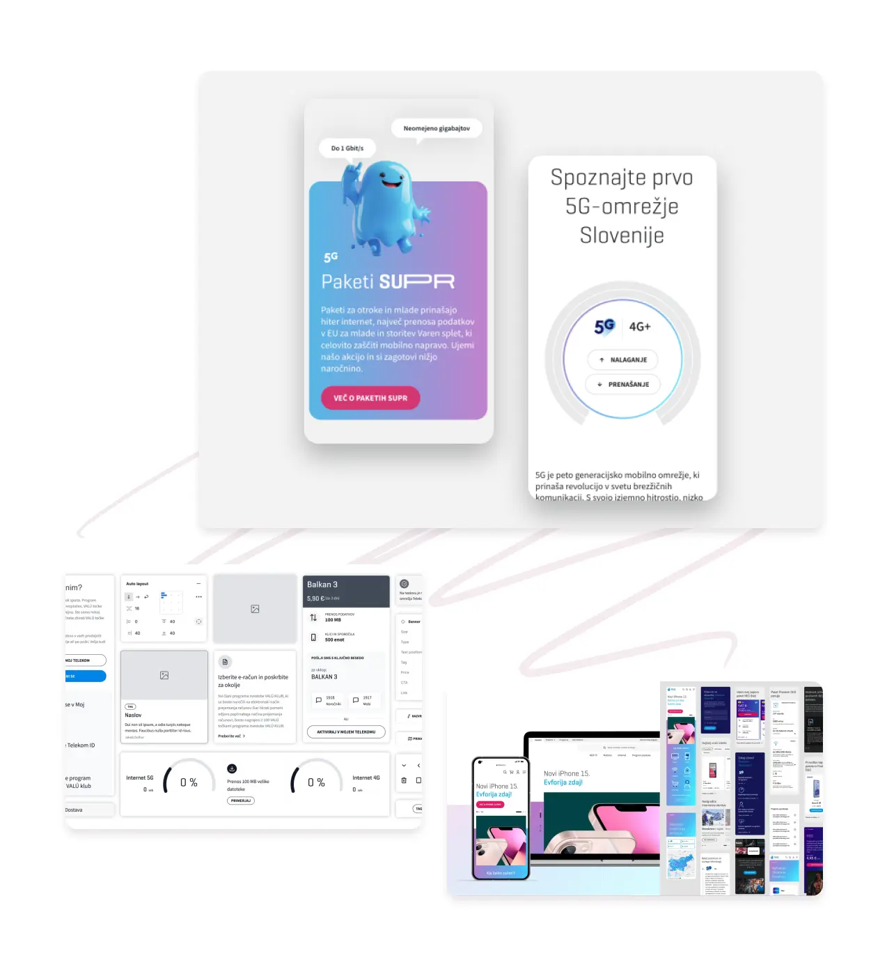 UX/UI design for a telecom platform — mobile app screen alongside desktop UI components, Figma design system panels, and multi-device responsive layout overview